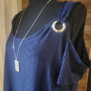 Navy Eyelet Fabric - Open Shoulder Top - Size L/XL